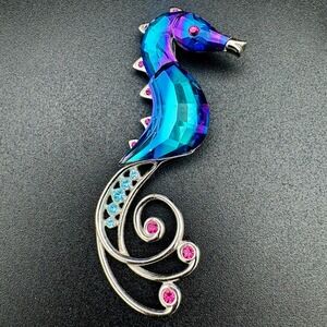 Authentic Swarovski Peacock Blue Crystal Seahorse Mens Brooch 3 in 16g Lapel Pin
